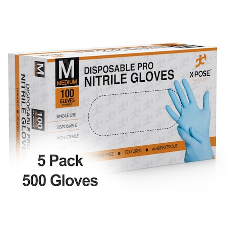 Xpose Safety Disposable Gloves, 5 mil Palm, Nitrile, Powder-Free, M, 5 PK, Blue NITPFM-5-X